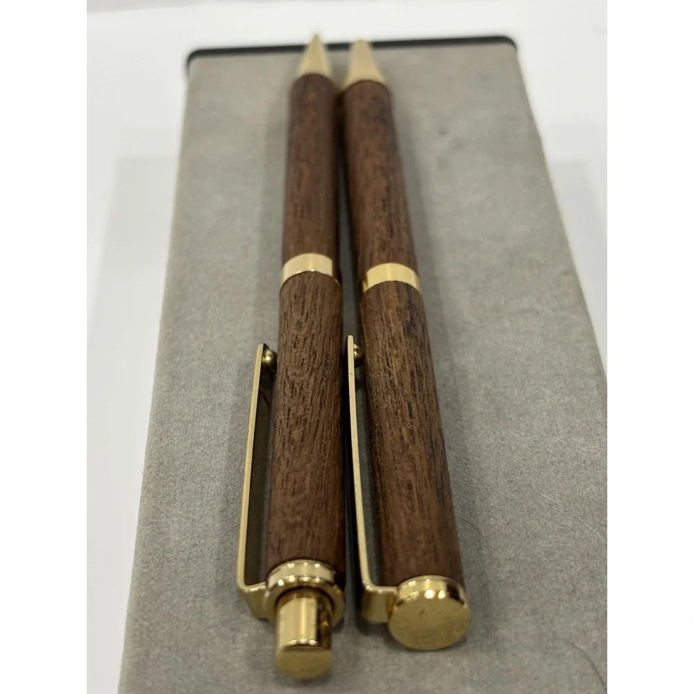 Vintage Burmese Teak Wood Ballpoint Pen & Mechanical Pencil Set Gold Trim Box